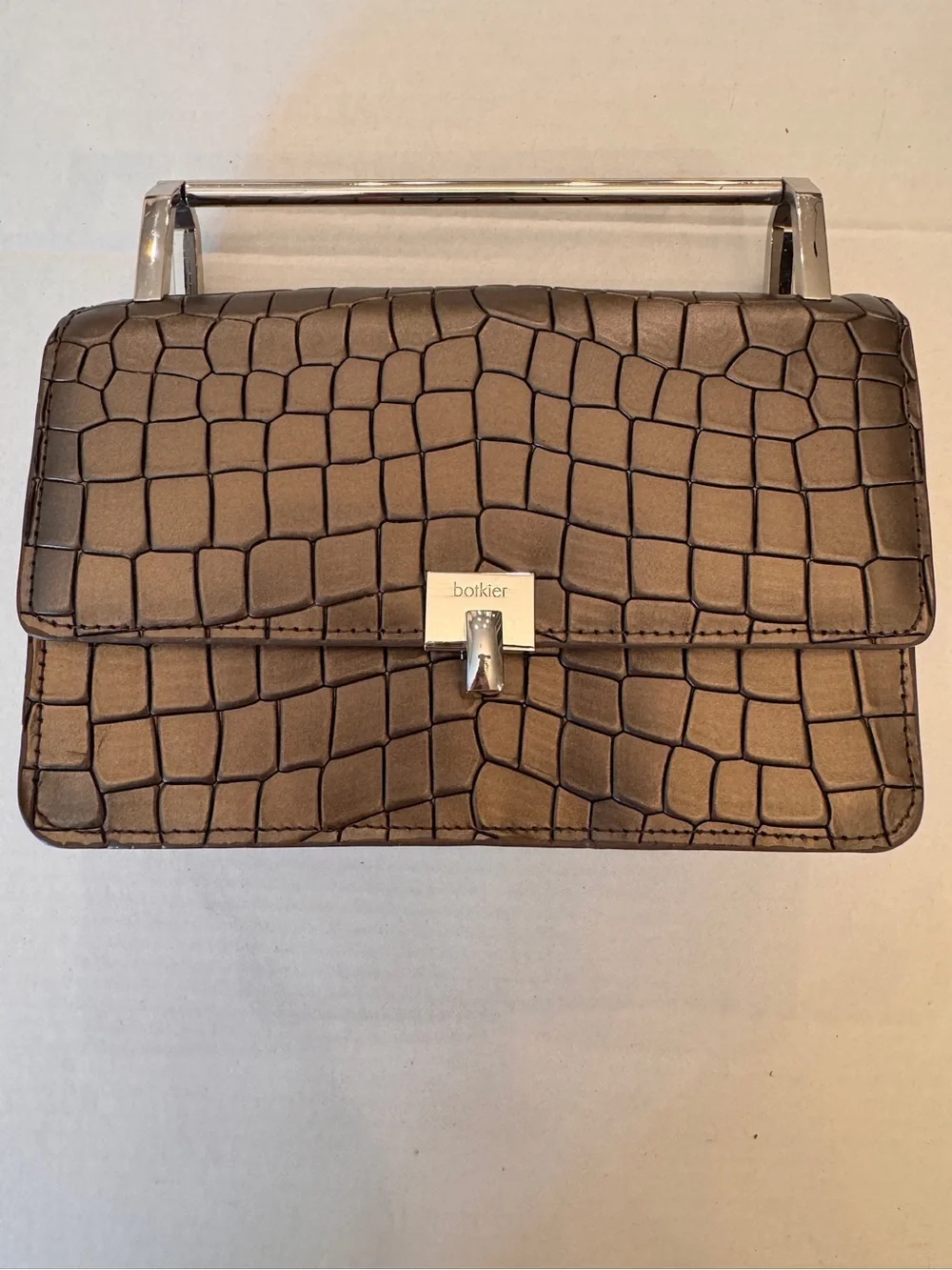 VTG BOTKIER LENOX GUNMETAL CROC LEATHER CHAIN CROSS BODY TOP HANDLE BAG PURSE